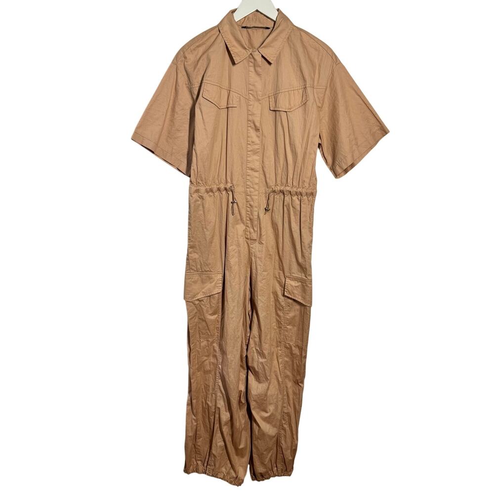 Zara Gabardine Utility Cargo Jumpsuit With Pockets Women S Tan Cotton Streetwear